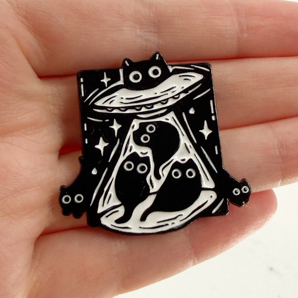 Cute Black Cat UFO Abduction Soft Enamel Pin Spooky Alien Gothic Lapel Badge